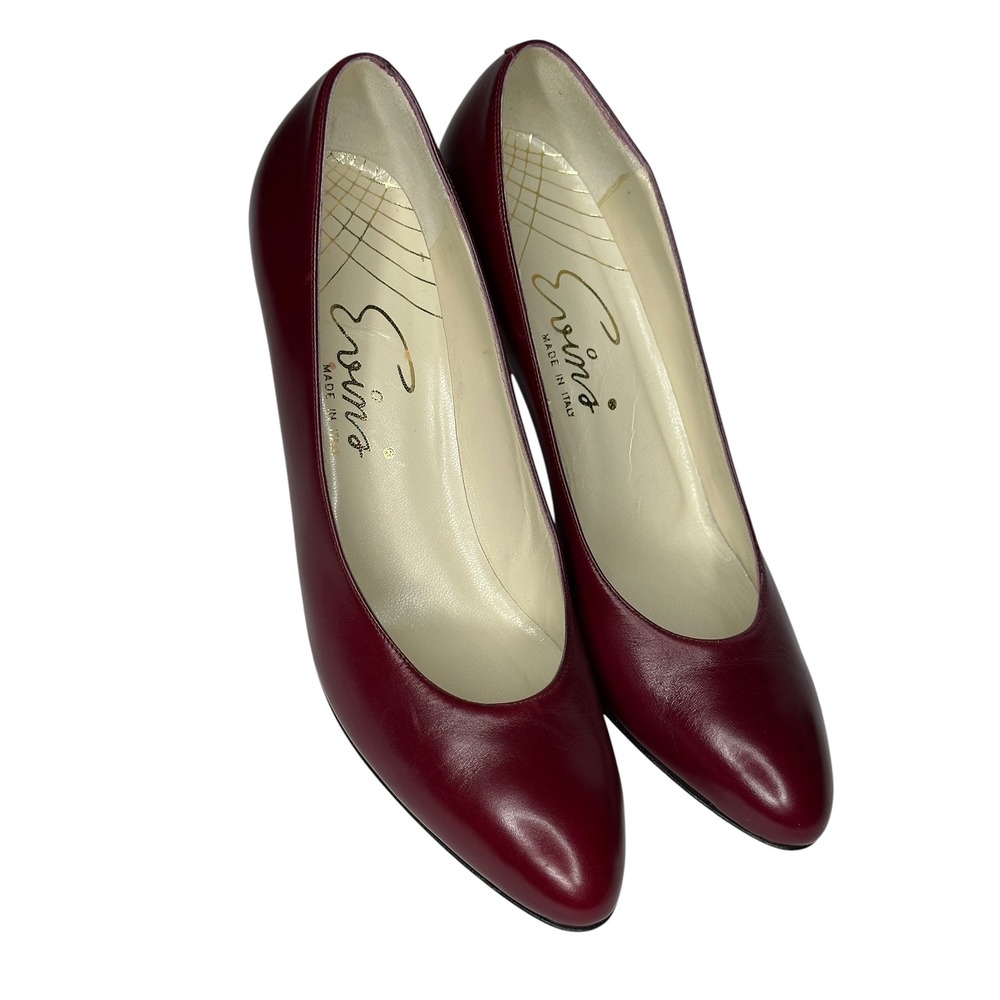 Vintage Evins Leather Pumps 7 AAA Burgundy Italian Almond Toe Cone Heels Kitten